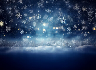 Poster - A mesmerizing winter scene:  Falling snowflakes against a dark blue night sky, illuminated by soft bokeh lights and a snowy ground.  A magical, serene winter wonderland.