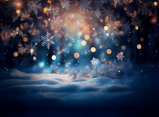 Poster - Magical winter scene:  Sparkling snowflakes fall on a snowy landscape, illuminated by warm, enchanting lights.  A perfect winter wonderland.