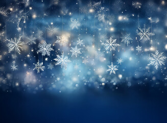 Aufkleber - Intricate, glistening snowflakes hang against a deep blue winter backdrop, illuminated by soft, sparkling lights.  A magical, festive scene perfect for winter holidays.