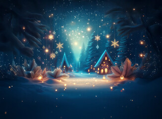 Poster - Enchanted winter forest scene.  Cozy cabins nestled amongst snow-covered trees, illuminated by warm lights and falling snowflakes. Magical, festive atmosphere.