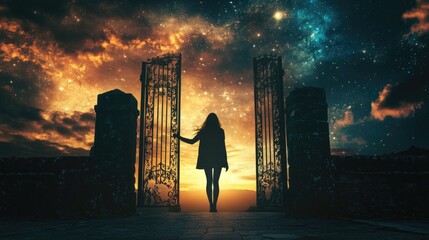 Wall Mural - woman at gate at night