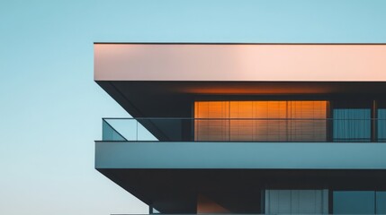 Poster - A contemporary apartment building showcases sleek lines and modern design. The setting sun casts a warm glow through large windows, highlighting the architectural features against a clear sky.
