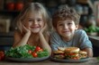 © Belvedere studio - cute happy little children with plate of salad of greens and tomatoes and plate of junk / fast food. proper nutrition and poor nutrition concept