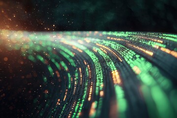 Wall Mural - abstract digital waves with green code flowing through a dark cosmic background