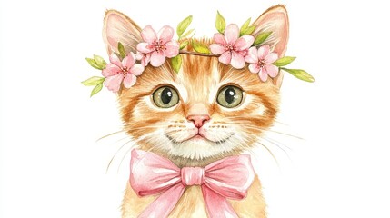  Cute Cat with Flower Crown and Pink Bow, Adorable Feline, Sweet Kitten, Watercolor Painting, Animal Art Print