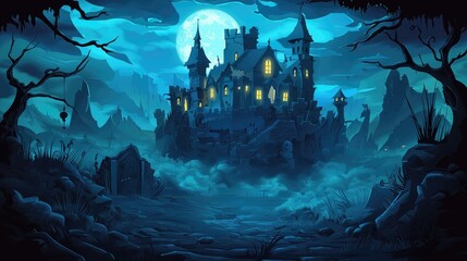 Wall Mural - A Glimmering Castle Under a Full Moon in a Misty, Rocky Forest