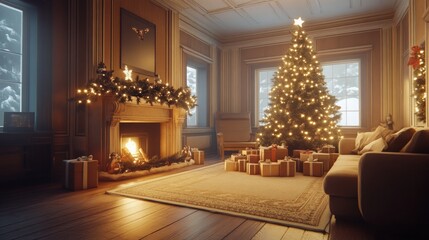 Wall Mural - Cozy Christmas living room with a glowing fireplace, a decorated Christmas tree, gifts under the tree, warm fairy lights, snow falling outside the window, photorealistic holiday atmosphere