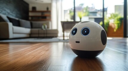 Aufkleber - A small, round AI assistant with expressive eyes rolls across a wooden floor in a modern living room. Sunlight streams through large windows, illuminating stylish furniture and decor.
