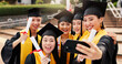 © peopleimages.com - People, university student and smile on graduation with selfie for social media or profile picture in Japan. Friends, campus and happy with scroll for memories, success or achievement as classmates