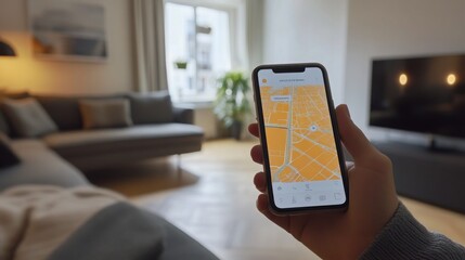 Aufkleber - A person holds a smartphone displaying a map application while sitting in a cozy living room. The stylish space features elegant furniture and natural light, ideal for real estate exploration.