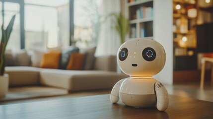 Aufkleber - A compact AI assistant sits on a wooden table in a stylish living room. The bright, open space features large windows and a comfortable sofa.