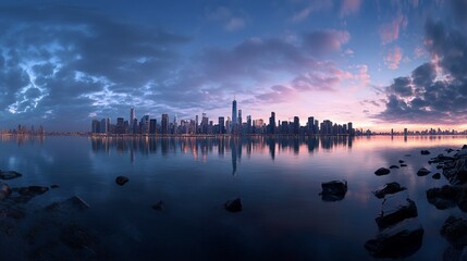 Sticker - A panoramic view of a city skyline at sunrise, with a calm reflection of the buildings in the water.