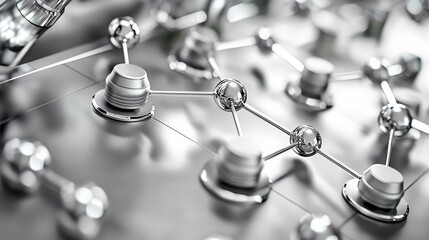 material science with polymers and compounds Concept. Metallic Network Structure with Nodes and Connections