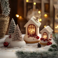 Canvas Print - Three charming houses adorned with twinkling Christmas lights and festive decorations create a warm, joyful atmosphere on a table, celebrating the holiday spirit.