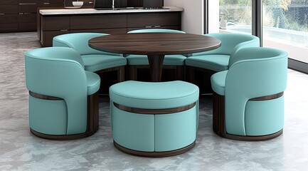 Wall Mural - modern living room home interior design mint-colored chairs with a round wooden dining table 