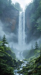 Wall Mural - A serene forest landscape with a cascading waterfall, landscape, woods