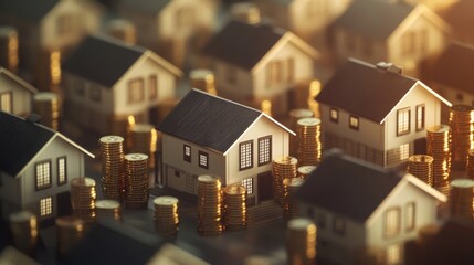 Poster - Miniature houses amid stacks of coins depict the link between real estate and AI, showcasing growth and investment prospects in the digital landscape.