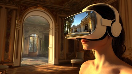 Aufkleber - A woman is immersed in virtual reality, exploring real estate options within an elegant historical interior.