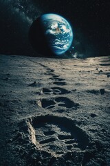 Wall Mural - Footprints in snow with planet