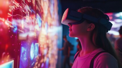 Aufkleber - A young woman engages with virtual reality technology, immersing herself in a simulated environment showcasing real estate options.