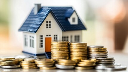 Aufkleber - A small model house is placed next to stacks of coins, illustrating the concept of real estate investment and financial growth.