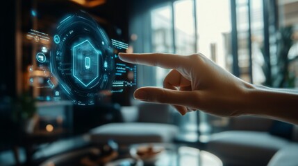 Aufkleber - A hand interacts with a holographic display showing various real estate properties and data.