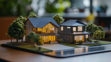 Poster - A detailed miniature model displays two modern houses with large windows and illuminated interiors.