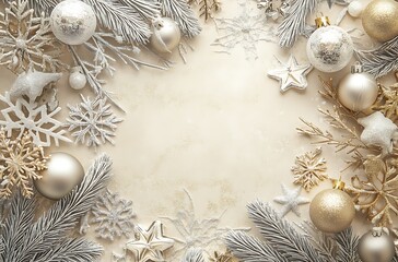 Wall Mural - A soft beige background with scattered Christmas decorations, including snowflakes and silver ornaments