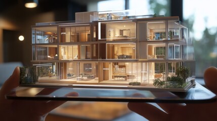 Aufkleber - Hands hold a 3D model of a contemporary building, showcasing advanced architectural design and interior features. The setting emphasizes the integration of technology in real estate visualization.