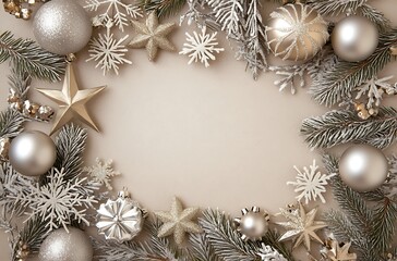 Wall Mural - A soft beige background with scattered Christmas decorations, including snowflakes and silver ornaments