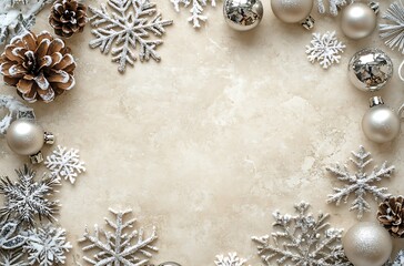 Wall Mural - A soft beige background with scattered Christmas decorations, including snowflakes and silver ornaments