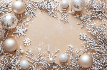 Wall Mural - A soft beige background with scattered Christmas decorations, including snowflakes and silver ornaments