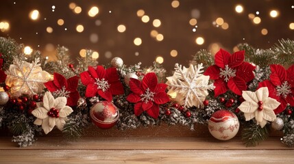 Wall Mural - A festive table adorned with a vibrant garland of red and white ornaments, radiating Christmas cheer and inviting warmth to the holiday gathering.