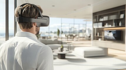 Aufkleber - A man is immersed in a virtual reality experience, exploring a luxurious living space.