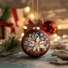 Wall Mural - A vibrant red ornament adorned with delicate snowflake patterns glistens, capturing the essence of Christmas cheer and winter magic.