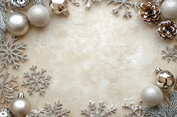 Wall Mural - A soft beige background with scattered Christmas decorations, including snowflakes and silver ornaments