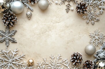 Wall Mural - A soft beige background with scattered Christmas decorations, including snowflakes and silver ornaments