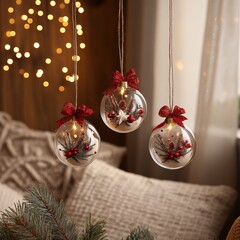 Wall Mural - Twinkling lights shimmer around three colorful ornaments, creating a magical holiday scene that captures the spirit of Christmas joy and celebration.