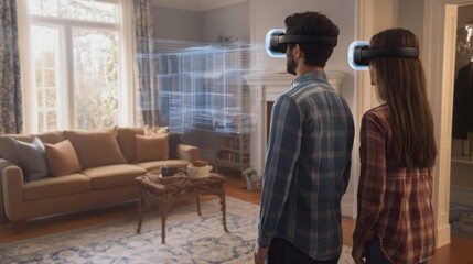 Aufkleber - Two individuals are engaged in a virtual reality experience, exploring real estate options within a cozy living room. The room features natural light, a comfortable sofa, and a decorative rug.