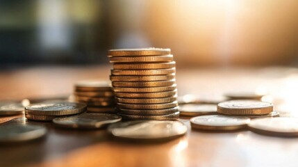 Leinwandbilder - A collection of coins is stacked neatly on a wooden surface, illuminated by warm sunlight. The arrangement highlights the importance of financial planning and investments in real estate.