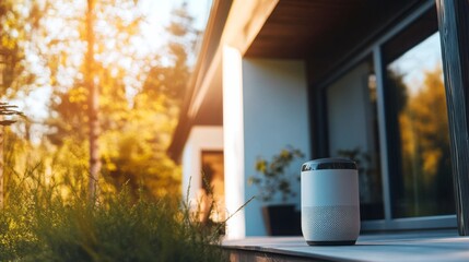 Poster - A modern smart speaker sits on a wooden deck surrounded by lush greenery and sunlight. This setup highlights the integration of AI technology in enhancing outdoor areas of residential properties.
