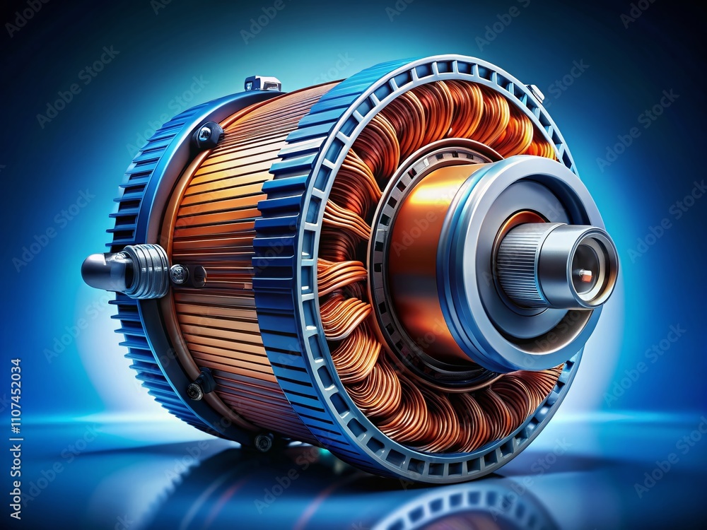 Electric car motor coil showcased in vibrant colors against a blue ...