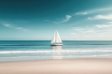  Solitary sailboat on tranquil ocean beach under a vibrant sky.
