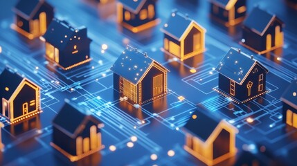 Aufkleber - A digital representation showcases various houses interconnected by circuit lines, indicating the fusion of artificial intelligence with the real estate industry.