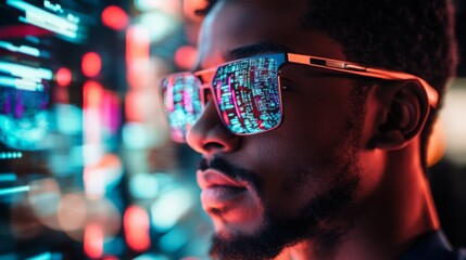 Poster - A person wearing reflective sunglasses observes digital data and analytics related to real estate trends.