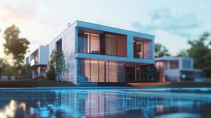Poster - This contemporary residential property features sleek architecture with large glass elements and reflective surfaces, located in a tranquil neighborhood by the water and surrounded by greenery.