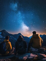 Wall Mural - three people stargazing