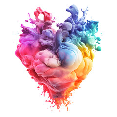Poster - Vibrant heart-shaped rainbow ink explosion in water, ideal for love, creativity, and art-themed designs, with a clear background