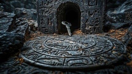Wall Mural - Ancient keyhole discovery mysterious cave close-up photography dark environment artistic perspective intrigue and history