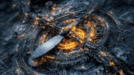 Aufkleber - Mechanical precision a gleaming cutter slicing through layers in an industrial workshop environment